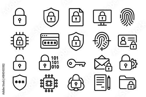 Cybersecurity icon set featuring encryption, fingerprint, lock, and shield symbols.