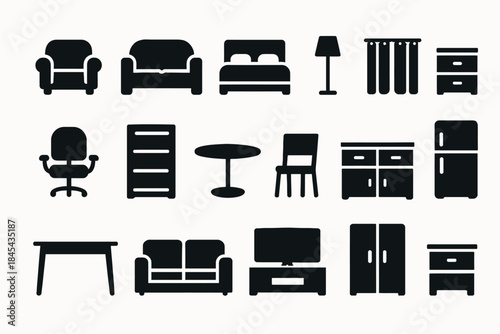 Silhouette icons of essential home furniture and decor items on white background.