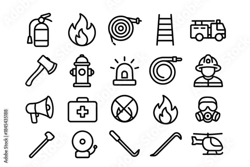 Firefighter equipment icons set: tools, gear, and safety symbols.