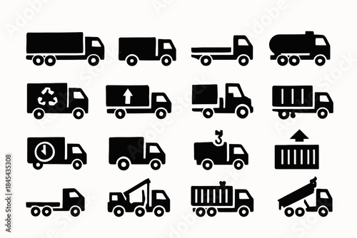 Set of various truck icons: delivery, tanker, trucking, logistics, transportation.