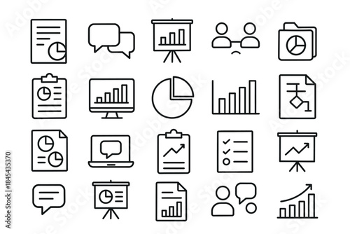 Set of business and data analysis icons: charts, graphs, communication, and reports.