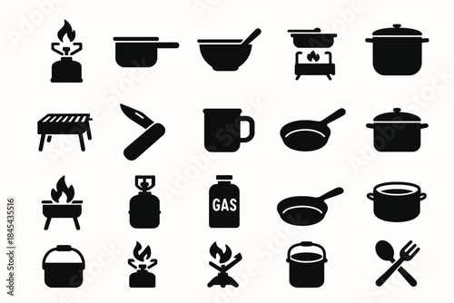 Collection of camping and cooking equipment icons.