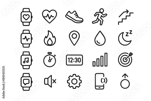 Fitness tracker icons: heart rate, steps, goals, sleep, timers, settings, notifications.