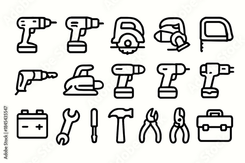 Collection of black outline construction tool icons on white background.