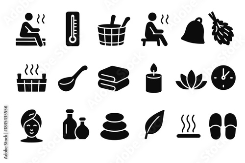 Spa and sauna icons set: relaxation and wellness symbols.