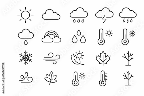 Weather icons: sun, cloud, rain, snow, wind, temperature, seasons.