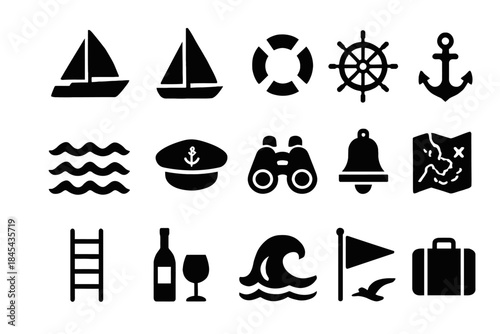 Nautical icons collection: sailboats, anchor, helm, and more.