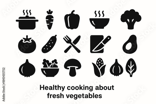 Icons of fresh vegetables and cooking utensils for healthy cooking.