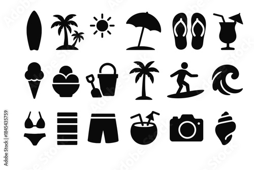 Beach icons set: surfboard, palm trees, sun, umbrella, flip flops, cocktail, ice cream, camera.