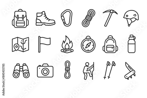 Outdoor adventure icons: backpack, hiking, climbing, camping gear, survival tools.