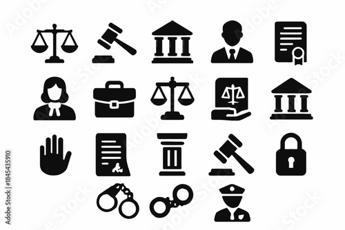 Law and justice icons: scales, gavel, courthouse, legal documents, handcuffs, police.