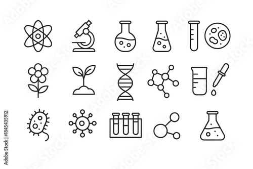 Science icons set: dna, microscope, test tubes, molecules, microscopic organisms.