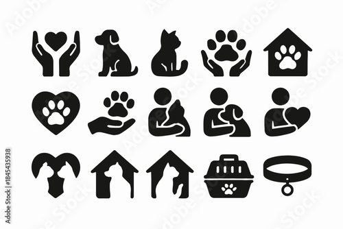 Pet care icons: dogs, cats, paw prints, and accessories collection.
