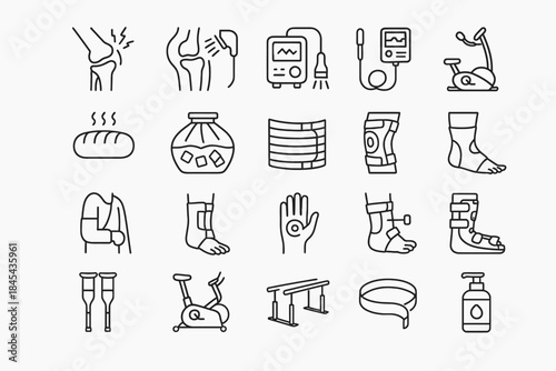 Orthopedic and rehabilitation icons set for injury recovery and therapy.