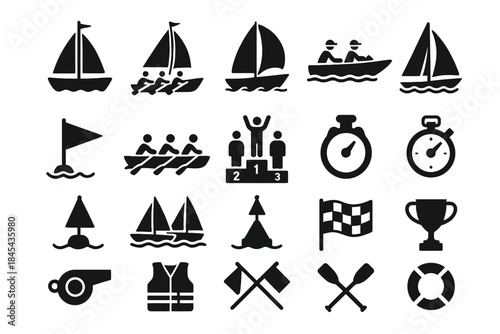 Set of nautical and rowing icons: boats, flags, stopwatch, trophy, life vest, and oars.