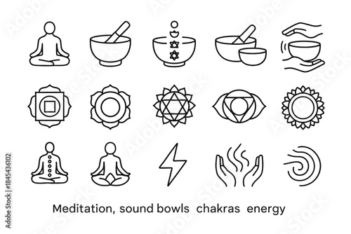 Meditation symbols with sound bowls and chakra icons for energy healing.