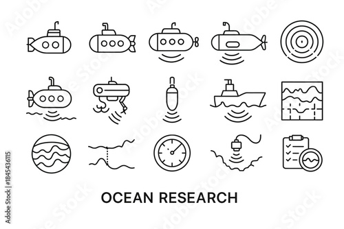 Ocean research icons: submarines, sonar, buoys, waves, and more.