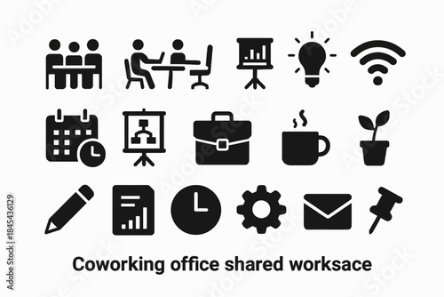 Coworking office icons: shared workspace essentials for modern business.