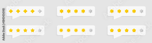 Speech bubbles with star rating symbols inside. Clean rounded shapes present feedback and reviews