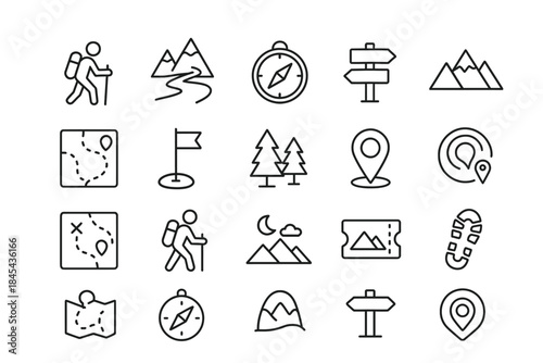 Outline icons of hiking elements including maps, compass, mountains, and signposts.
