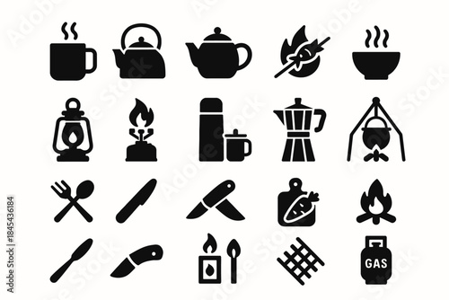 Camping icon set: coffee, stove, kettle, lantern, thermos, grill, gas, knife, matches.