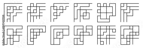 Abstract angular corner frames with stepped geometric structure. Sharp lines create architectural and modern borders