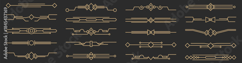 Elegant art deco divider lines with golden accents. Symmetrical linear elements add luxury and vintage style