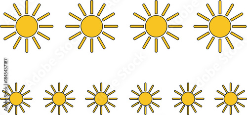 A collection of bright and cheerful yellow sun icons with radiating rays, illustrating summertime, heat, weather, and warm, sunny days.