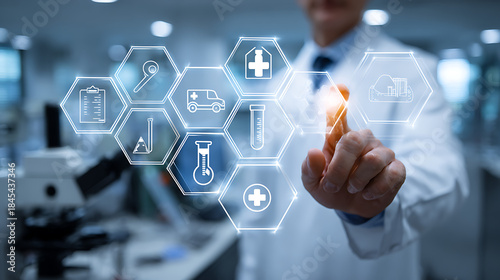 Scientist interacts with digital medical icons on futuristic interface healthcare technology