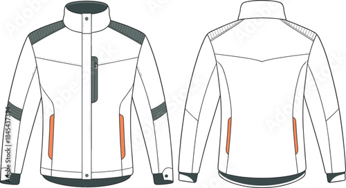 Outdoor jacket technical flat, vector CAD drawing, fashion design template, sportswear illustration, winter jacket sketch, outerwear clothing outline, professional fashion resource, technical garment 