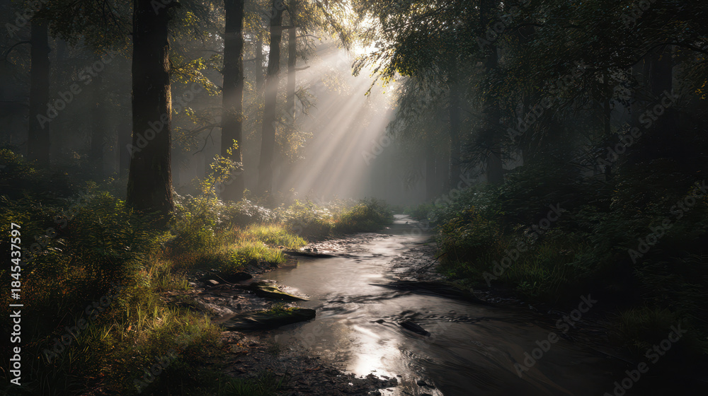 Fototapeta premium Sunlight streaming through trees over a serene stream forest landscape nature photography tranquil environment peaceful viewpoint