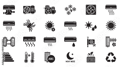 Set of black vector illustrations featuring a comprehensive collection of HVAC and climate control icons, including air conditioners, thermostats, humidifiers, and various weather symbols like sun, mo
