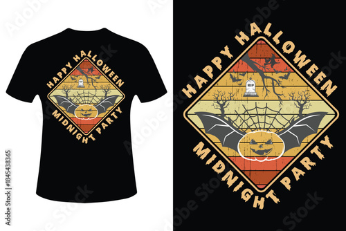 Halloween midnight party t shirt design with jack o lantern and bats on black background