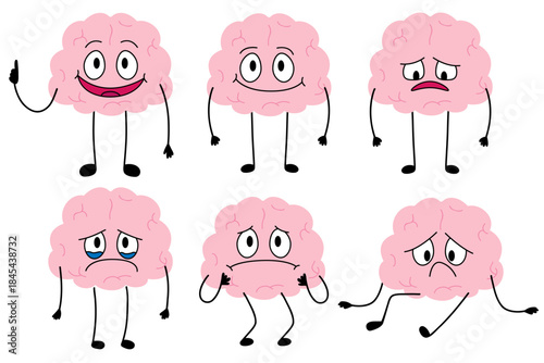 Happy and sad cartoon brain set. Brain with low charge, depression, burnout, lack energy and power with high energy. Stock vector illustration isolated on white background.	