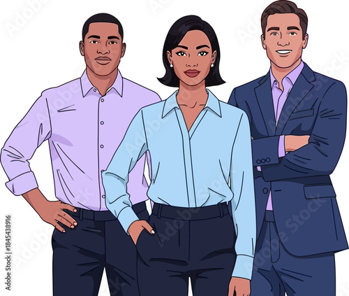 Three diverse business professionals standing confidently on transparent background, a strong team showcasing expertise and collaboration in a corporate environment