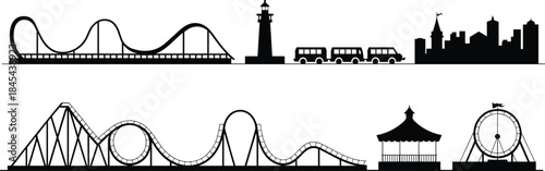 Amusement park skyline silhouette illustration with roller coaster, ferris wheel, lighthouse, cityscape and transportation icons isolated