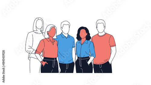 Diverse group of five business professionals standing together team of men and women wearing formal and casual attire on a white background illustration
