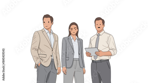 Three business people standing together two men and one woman in smart casual attire on a clean white background vector illustration