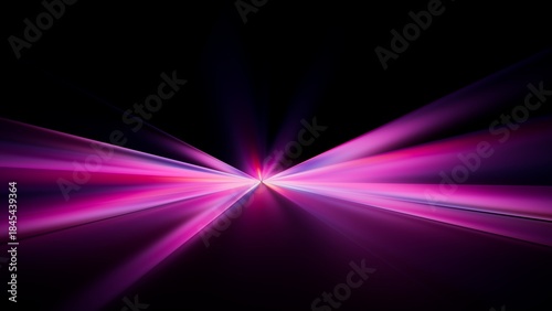 Abstract neon background of bright beams of light. Symmetrical pink and violet lasers fusing into a mirror illusion, ideal for stage or creative visuals. 3D render illustration.