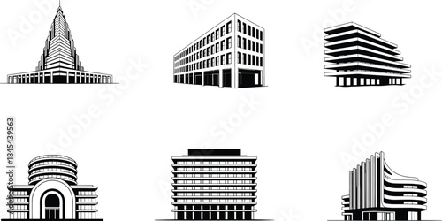 Modern building illustration set featuring various architectural styles, commercial towers, office blocks, urban structures and contemporary city architecture 