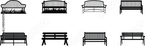 Park bench silhouette collection featuring wooden and metal seating designs, outdoor furniture illustrations for garden, landscape architecture, public spaces and decor