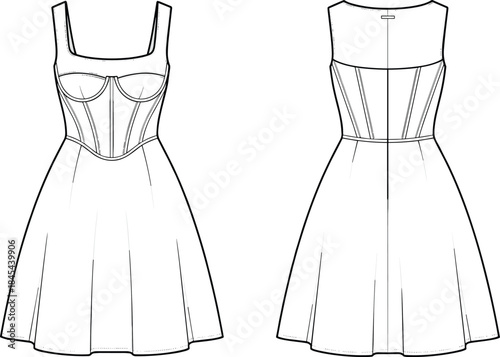 Women corset dress technical flat sketch front back view vector illustration for fashion design pattern making apparel production