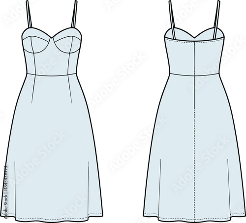 Women evening midi dress technical flat sketch front and back views vector illustration for fashion apparel production design template use