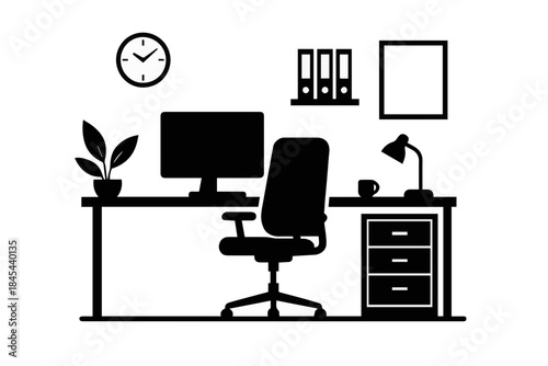 Black and White Office Room Vector – Minimalist Workspace Silhouette