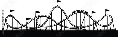 Silhouette of a roller coaster with looping tracks, amusement park ride illustration showing thrill, excitement, motion, entertainment, fun attraction design