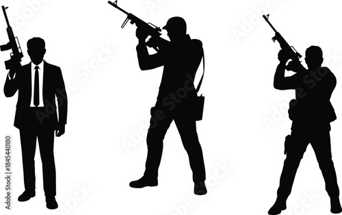 Silhouette of armed figures holding rifles in various stances, tactical shooters posing, security personnel illustration, combat posture concept for design