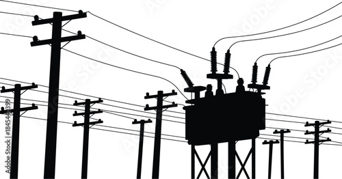 Silhouette of electrical power substation with utility poles and overhead cables, energy infrastructure system illustration, high voltage distribution network design