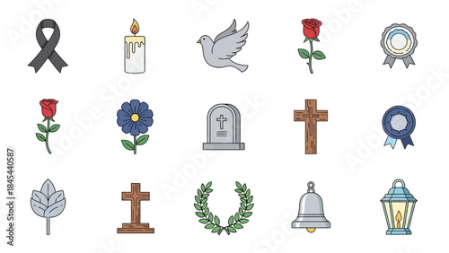 Vector set of Christian religious icons, including cross, bible, and church symbols, perfect for faith illustration and catholic design art