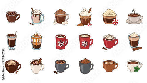 Colorful flat vector icon set of assorted drinks in various cups and glasses including coffee, tea, juice, and smoothies in a clean illustrative style.