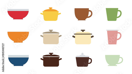 Colorful flat vector icon set of kitchen and cooking items including pots, bowls, utensils, cups, and food-related objects in a clean illustrative style
